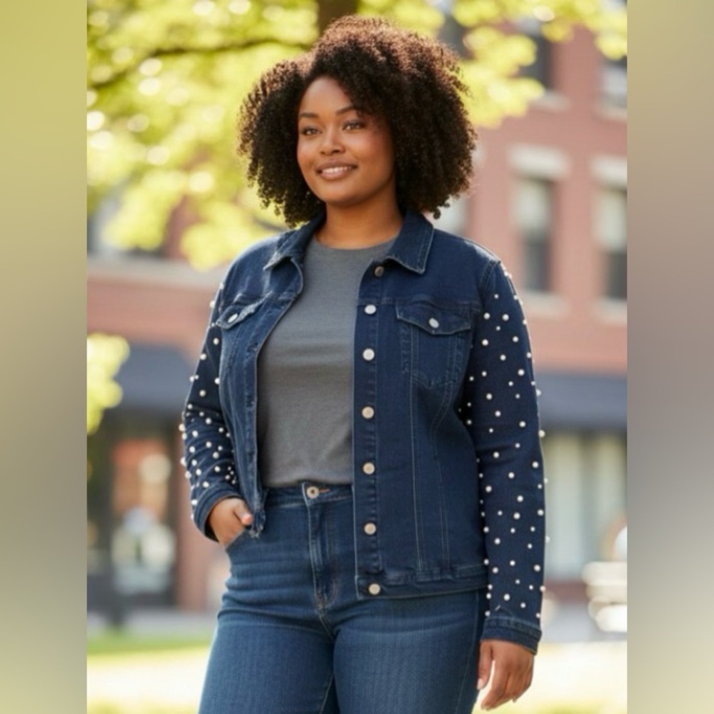 Women with Control Dark Blue Pearl Embellished Jean Jacket